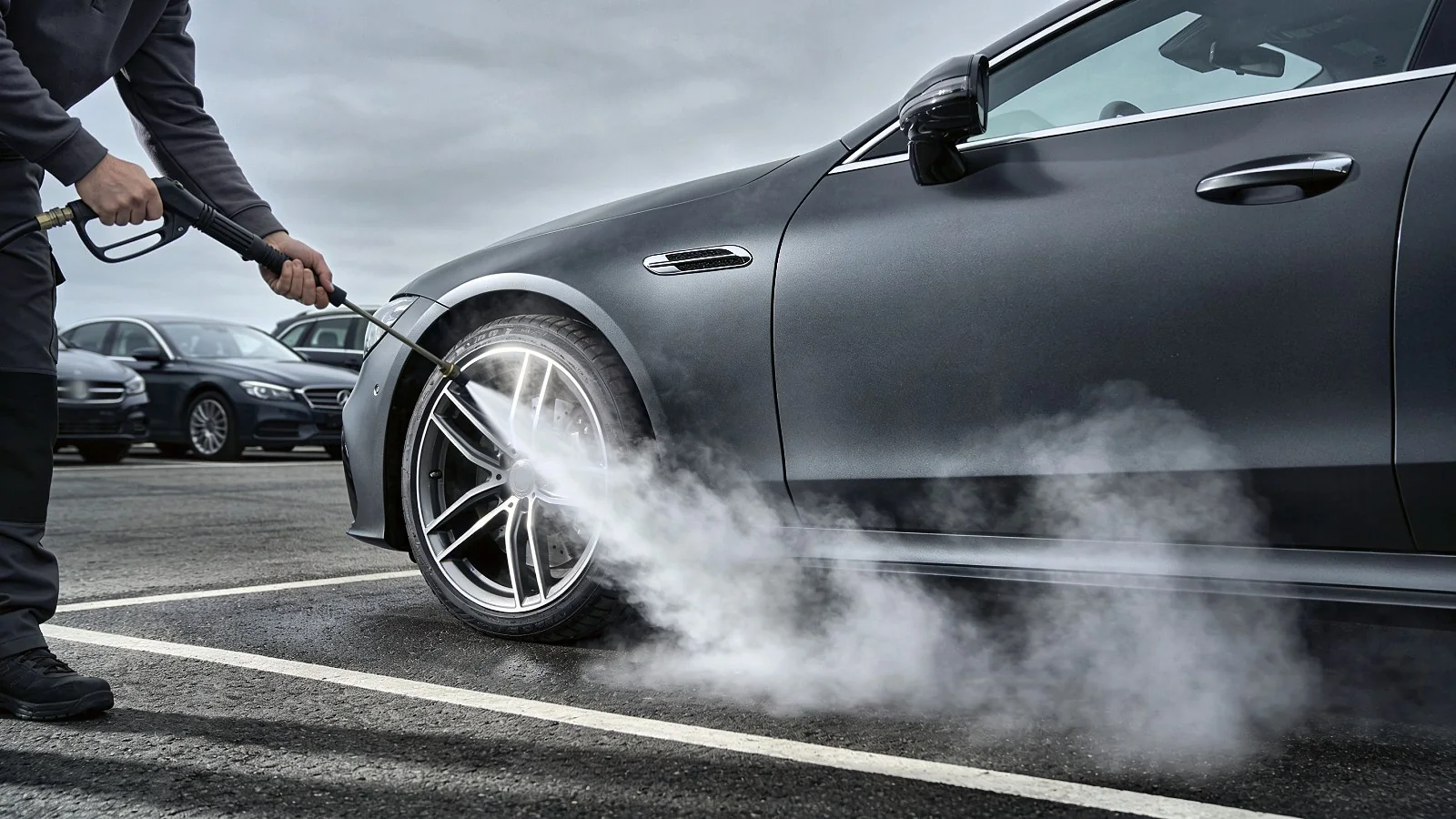 Technicien nettoyant à la vapeur la jante d’une berline sur un parking d’entreprise